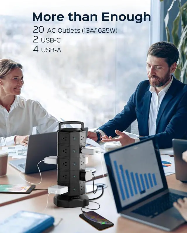 Alt view image 2 of 7 - Power Strip Tower, 20 AC Outlets 6 USB Ports(2 USB C), 1050J Surge Protector, 13A Desktop Charging Station, 6.5ft Heavy Duty Extension Cord with Multiple Outlets for Home Office Garage, Black