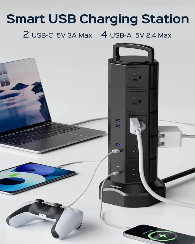 Alt view image 3 of 7 - Power Strip Tower, 20 AC Outlets 6 USB Ports(2 USB C), 1050J Surge Protector, 13A Desktop Charging Station, 6.5ft Heavy Duty Extension Cord with Multiple Outlets for Home Office Garage, Black