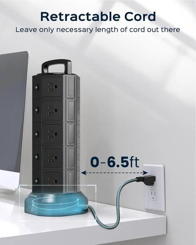 Alt view image 4 of 7 - Power Strip Tower, 20 AC Outlets 6 USB Ports(2 USB C), 1050J Surge Protector, 13A Desktop Charging Station, 6.5ft Heavy Duty Extension Cord with Multiple Outlets for Home Office Garage, Black