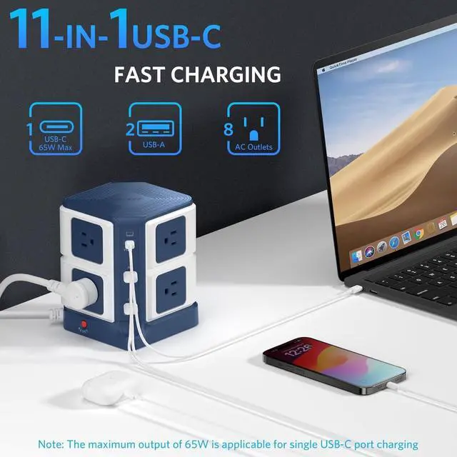Alt view image 2 of 7 - PD 65W USB Power Strip Tower Surge Protector, Desktop Charging Station with 8-Outlet Widely Spaced AC Outlets with 2 USB-A USB-C PD3.0 Ports, 4.9ft Heavy-Duty Extension Cord for Home Office