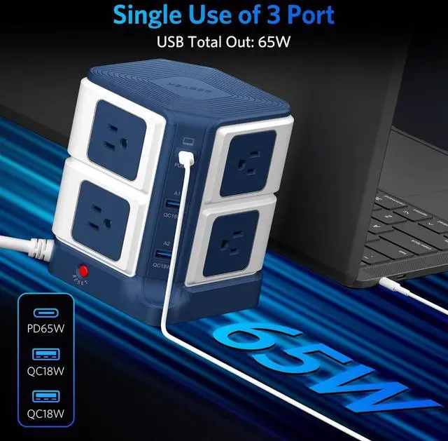 Alt view image 3 of 7 - PD 65W USB Power Strip Tower Surge Protector, Desktop Charging Station with 8-Outlet Widely Spaced AC Outlets with 2 USB-A USB-C PD3.0 Ports, 4.9ft Heavy-Duty Extension Cord for Home Office