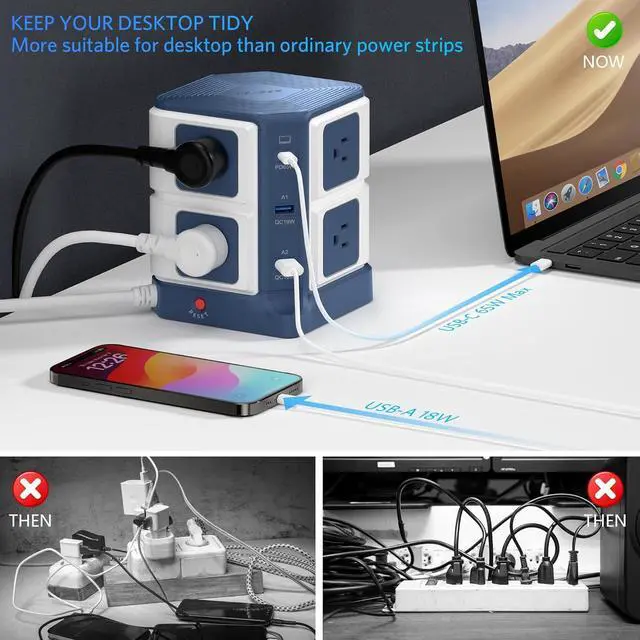 Alt view image 4 of 7 - PD 65W USB Power Strip Tower Surge Protector, Desktop Charging Station with 8-Outlet Widely Spaced AC Outlets with 2 USB-A USB-C PD3.0 Ports, 4.9ft Heavy-Duty Extension Cord for Home Office