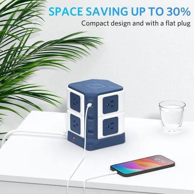 Alt view image 5 of 7 - PD 65W USB Power Strip Tower Surge Protector, Desktop Charging Station with 8-Outlet Widely Spaced AC Outlets with 2 USB-A USB-C PD3.0 Ports, 4.9ft Heavy-Duty Extension Cord for Home Office