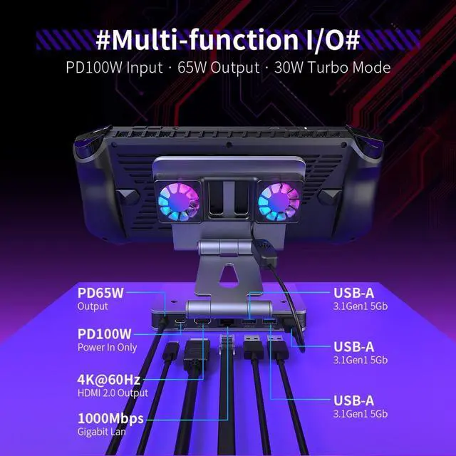 Alt view image 6 of 7 - Fans Docking Station for Steam Deck/ROG Ally X/Legion Go/ Claw, 6-in-1 Adjustable Stand Steam Deck Dock with HDMI 4K@60Hz, 1000Mbps Ethernet, 3* USB-A 3.0 and Fast Charging for Steam Deck OLED
