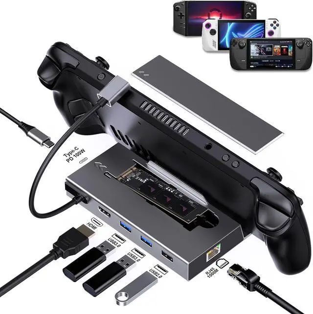 Main image of M.2 Steam Deck Dock, 7-in-1 Docking Station with M.2 NVME SSD Enclosure, HDMI 2.0 4K@60Hz, PD 100W, Gigabit Ethernet, USB and USB C Charge Port, Compatible with Steam Deck, ROG Ally, Switch.