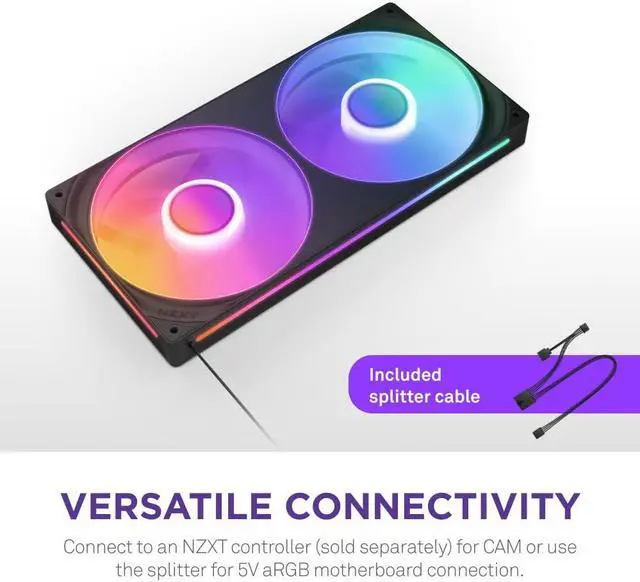 Alt view image 3 of 7 - NZXT F280 RGB Core - 280mm Single-Frame Fan Unit with 2 x 140mm RGB Fans - Speed & Lighting Control - High Static Pressure & Airflow - Fluid Dynamic Bearings - 8 aRGB LEDs Per Fan - Black