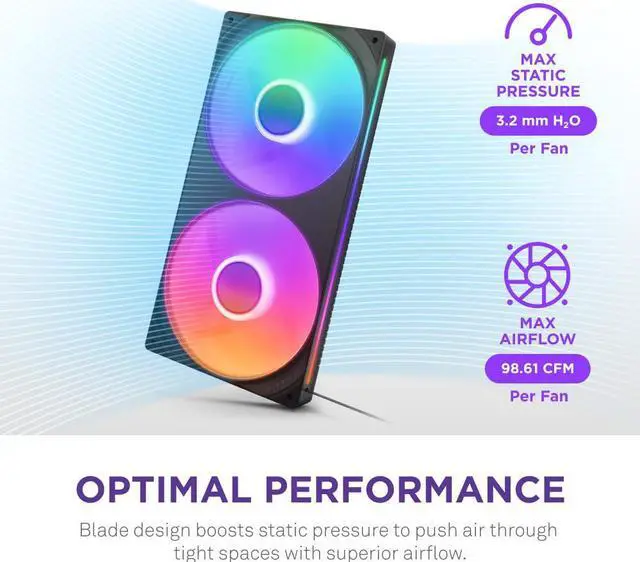 Alt view image 4 of 7 - NZXT F280 RGB Core - 280mm Single-Frame Fan Unit with 2 x 140mm RGB Fans - Speed & Lighting Control - High Static Pressure & Airflow - Fluid Dynamic Bearings - 8 aRGB LEDs Per Fan - Black