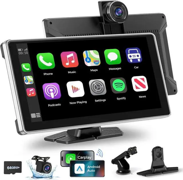 Main image of Wireless Carplay with 4K Dash Cam, 9" Portable Carplay Screen for Car, Apple Carplay & Android Auto Car Satellite Radio with 1080P Backup Camera, GPS Navigation/Mirror Link/Voice Control/Bluetooth