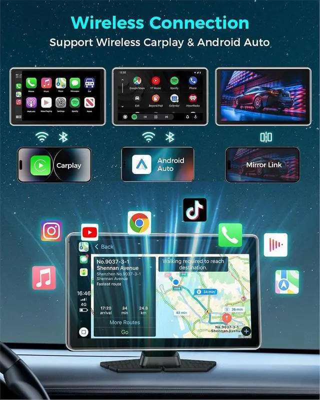 Alt view image 2 of 7 - Wireless Carplay with 4K Dash Cam, 9" Portable Carplay Screen for Car, Apple Carplay & Android Auto Car Satellite Radio with 1080P Backup Camera, GPS Navigation/Mirror Link/Voice Control/Bluetooth