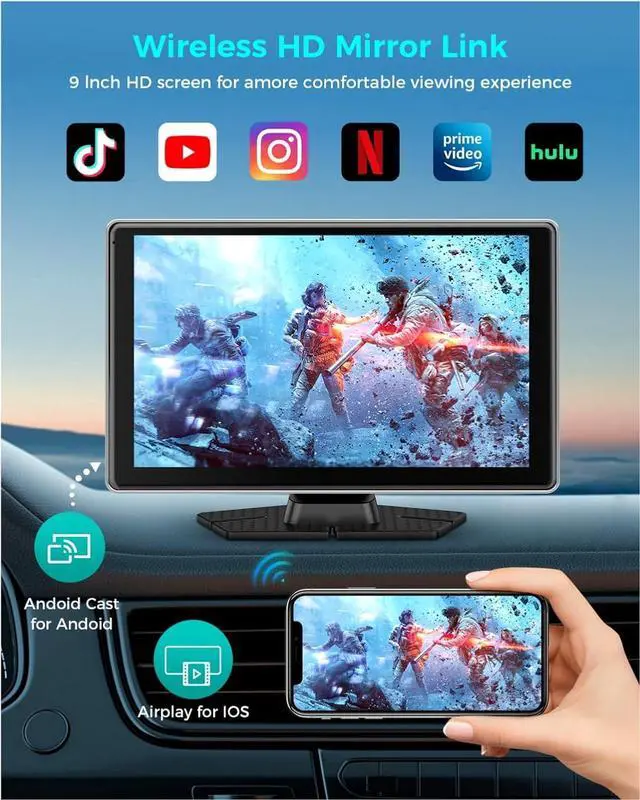Alt view image 7 of 7 - Wireless Carplay with 4K Dash Cam, 9" Portable Carplay Screen for Car, Apple Carplay & Android Auto Car Satellite Radio with 1080P Backup Camera, GPS Navigation/Mirror Link/Voice Control/Bluetooth