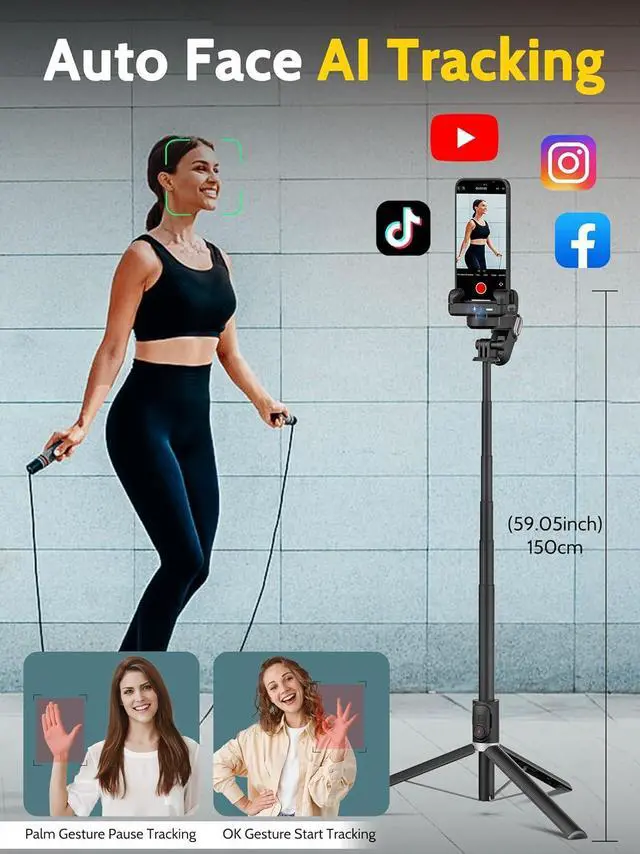 Alt view image 2 of 7 - Auto Face Tracking Tripod 360 Rotation for iPhone Android,Phone Stand Follow You for Video Recording,Selfie Stick Tripod with RGB Light,Remote Control for YouTube,TikTok Vlogging(M2Pro Black)