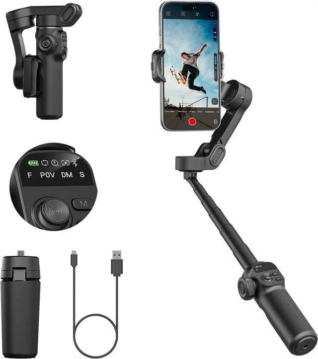 Main image of Smart X2 Gimbal Stabilizer, 3-axis Smartphone Gimbal Built-in 20cm Extension Rod, Portable Smart Tripod w/OLED Screen, 360°Rotation Tracking Shooting, Video Recording, Black