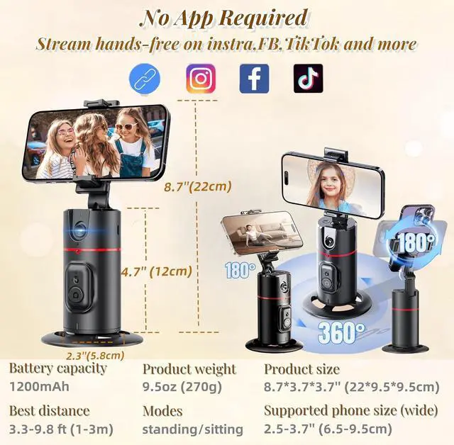 Alt view image 3 of 6 - Auto Face Tracking Tripod, 360° Rotation Face Body Tracking Phone Holder, Rechargeable Phone Camera Mount Remote and Gesture Control with Adjustable Selfie Stick Tripod Stand for Phone Camera GoPro