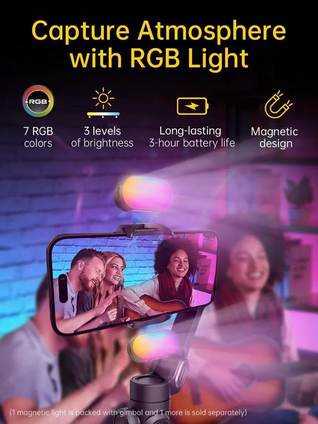 Alt view image 2 of 7 - 3-Axis Gimbal Stabilizer for Smartphone, Gimbal w/RGB Magnetic Fill Light Upgraded Face Tracking Focus Wheel Foldable iPhone Gimbal for iPhone/Android Phone Gimbal Vlog Recording Smart XE Kit