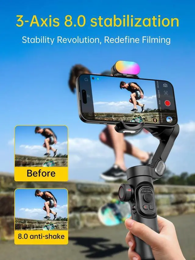 Alt view image 3 of 7 - 3-Axis Gimbal Stabilizer for Smartphone, Gimbal w/RGB Magnetic Fill Light Upgraded Face Tracking Focus Wheel Foldable iPhone Gimbal for iPhone/Android Phone Gimbal Vlog Recording Smart XE Kit