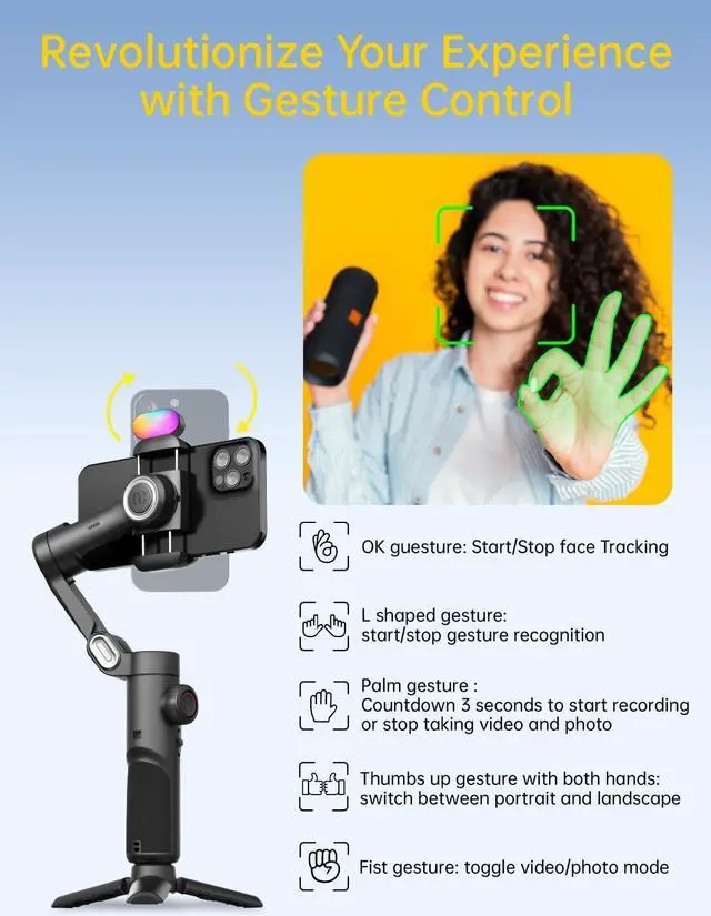 Alt view image 5 of 7 - 3-Axis Gimbal Stabilizer for Smartphone, Gimbal w/RGB Magnetic Fill Light Upgraded Face Tracking Focus Wheel Foldable iPhone Gimbal for iPhone/Android Phone Gimbal Vlog Recording Smart XE Kit