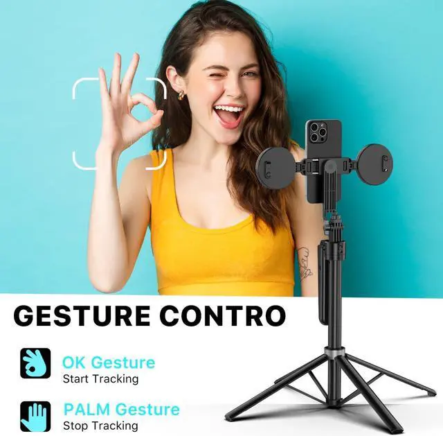 Alt view image 2 of 7 - Auto Face Tracking Tripod,All in 1 Tall Travel Tripod Stand w 1/4" Screw,Phone Holder w Remote,Selfie Stick w Light for Photo Vlog, 360° Rotation Camera Tripod for iPhone Android