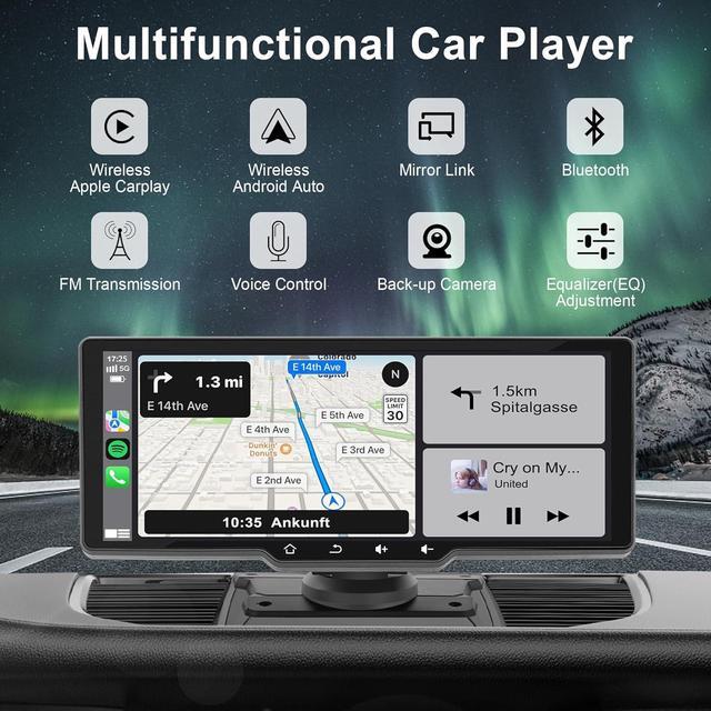 Alt view image 3 of 7 - Portable  Carplay Screen for Car, 10.26" Wireless  Carplay & Android Auto, Car Stereo, Backup Camera, Car Audio Receivers GPS Navigation Mirror Link, Car Play, Bluetooth, AUX/FM,Siri,AirPlay