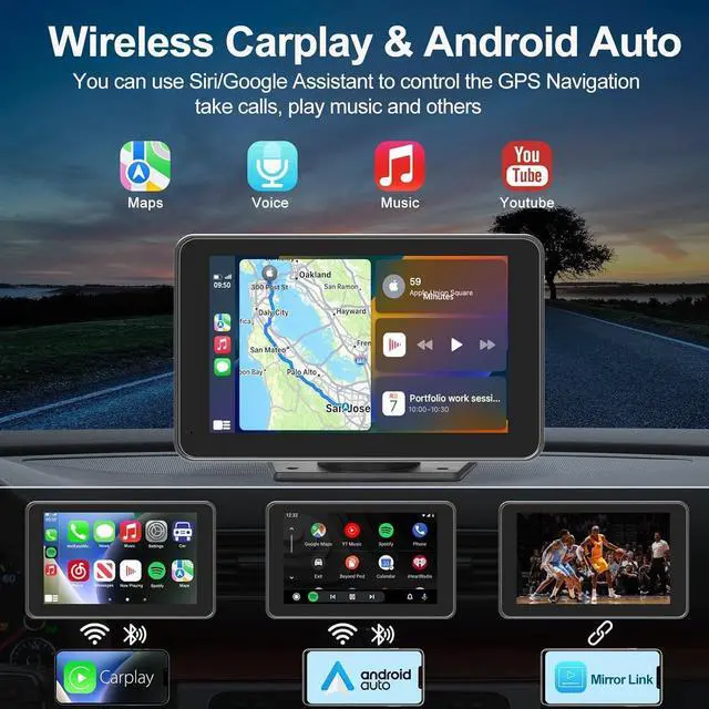 Alt view image 2 of 7 - Portable  Carplay/Android Auto Screen for Car, 7 Inch HD Touch Screen Wireless Car Play with Backup Camera, Voice Control, BT, FM, Mirror Link for All Vehicle