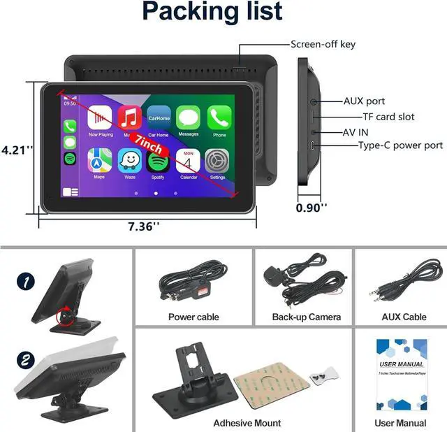 Alt view image 7 of 7 - Portable  Carplay/Android Auto Screen for Car, 7 Inch HD Touch Screen Wireless Car Play with Backup Camera, Voice Control, BT, FM, Mirror Link for All Vehicle