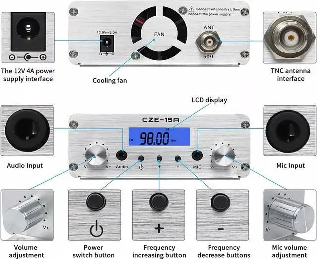 Alt view image 3 of 4 - FM Transmitter,15W Long Range 87-108MHz FM Broadcast Transmitter for Drive-in Movie, Church Parking Lot, Lights Fireworks Show,Fireworks Display,School, Supermarket Events with 3.5mm Mic Jack