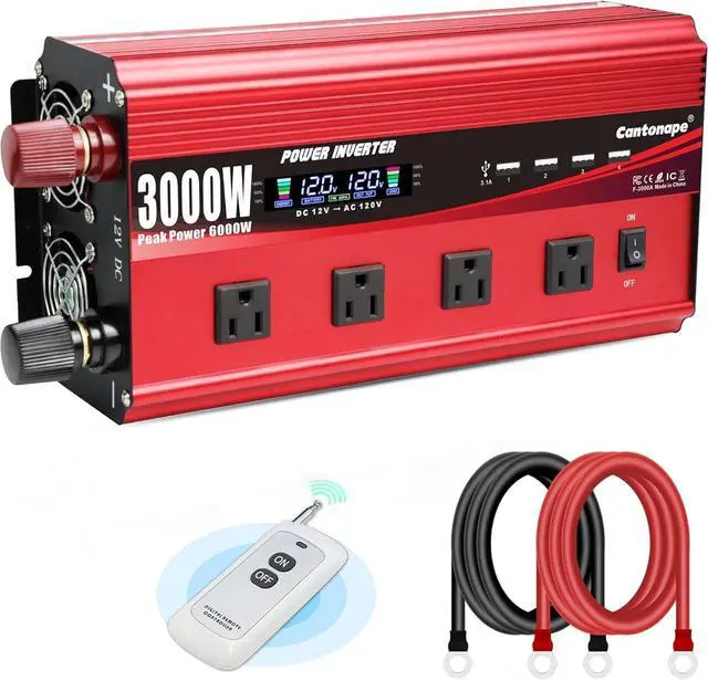 Main image of 3000W Power Inverter 12V to 110V DC to AC with LCD Display, Remote Controller 4 x AC Outlets and 4 x 3.1A USB Car Adapter for Car Truck Boat RV Solar System