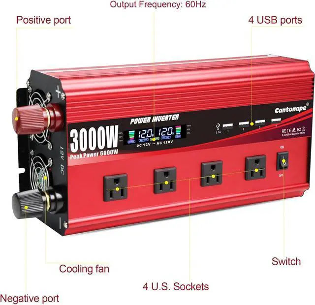 Alt view image 2 of 7 - 3000W Power Inverter 12V to 110V DC to AC with LCD Display, Remote Controller 4 x AC Outlets and 4 x 3.1A USB Car Adapter for Car Truck Boat RV Solar System