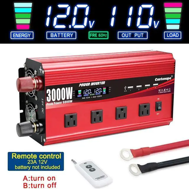 Alt view image 5 of 7 - 3000W Power Inverter 12V to 110V DC to AC with LCD Display, Remote Controller 4 x AC Outlets and 4 x 3.1A USB Car Adapter for Car Truck Boat RV Solar System
