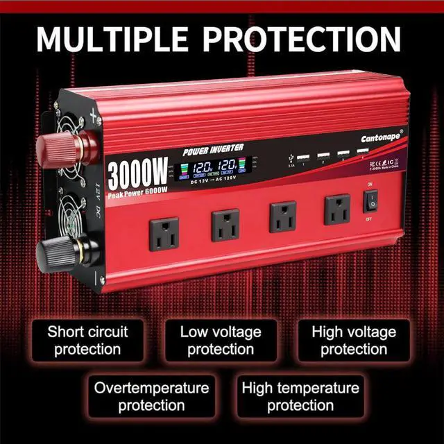 Alt view image 6 of 7 - 3000W Power Inverter 12V to 110V DC to AC with LCD Display, Remote Controller 4 x AC Outlets and 4 x 3.1A USB Car Adapter for Car Truck Boat RV Solar System