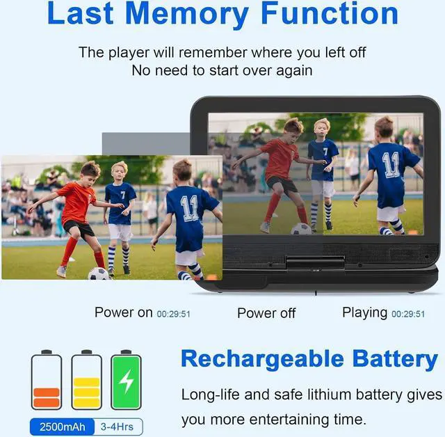 Alt view image 3 of 7 - Portable DVD Player with 10.1'' HD Swivel Screen, DVD Player Portable with Rechargeable Battery, Support Sync TV/SD Card/USB/Multi Discs, Region-Free, Power Adapter, Car Charger, Remote