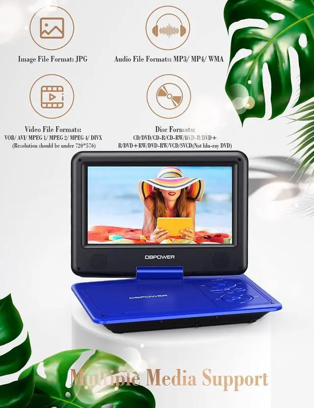 Alt view image 2 of 7 - Portable DVD Player, 5-Hour Built-in Rechargeable Battery, 9" Swivel Screen, Support CD/DVD/SD Card/USB, with Remote Control, 1.8M Car Charger, Power Adaptor and Car Headrest (Blue)
