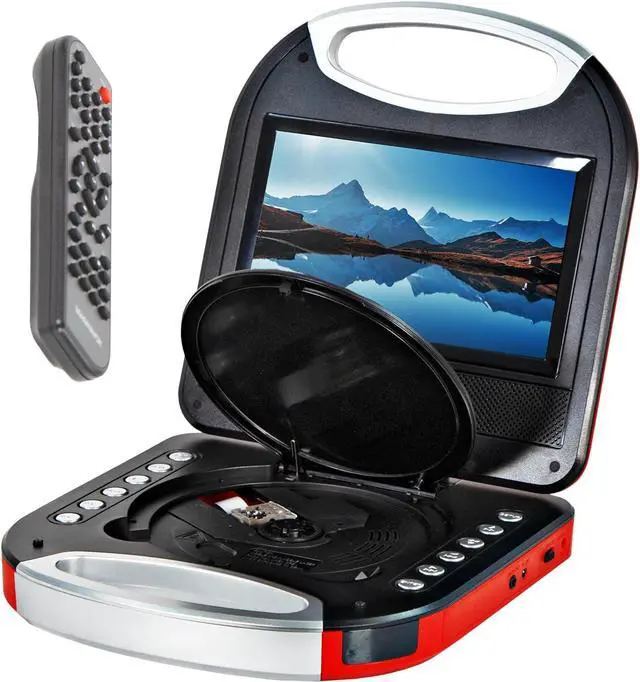 Main image of MTFT750-RD Portable 7 inch TFT DVD/CD Player with Remote Control and Car Adapter in Red | Rechargeable Battery | Headphone Jack | Built-in Speakers |