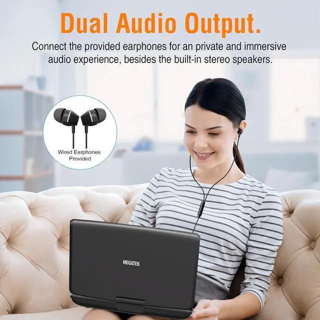 Alt view image 3 of 7 - Portable DVD Player with Headphones, Extended 6-Hour Battery, 10.5" HD Swivel Screen, Supports CD/DVD/USB/SD Card, Car Headrest Mount, Car Charger, AC Power Adapter, Remote Control