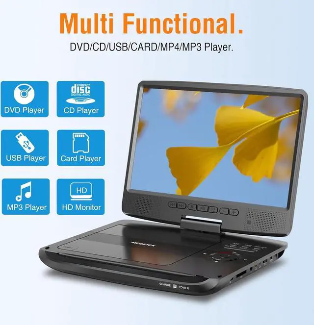 Alt view image 2 of 7 - Portable DVD Player with Headphones, Extended 6-Hour Battery, 10.5" HD Swivel Screen, Supports CD/DVD/USB/SD Card, Car Headrest Mount, Car Charger, AC Power Adapter, Remote Control