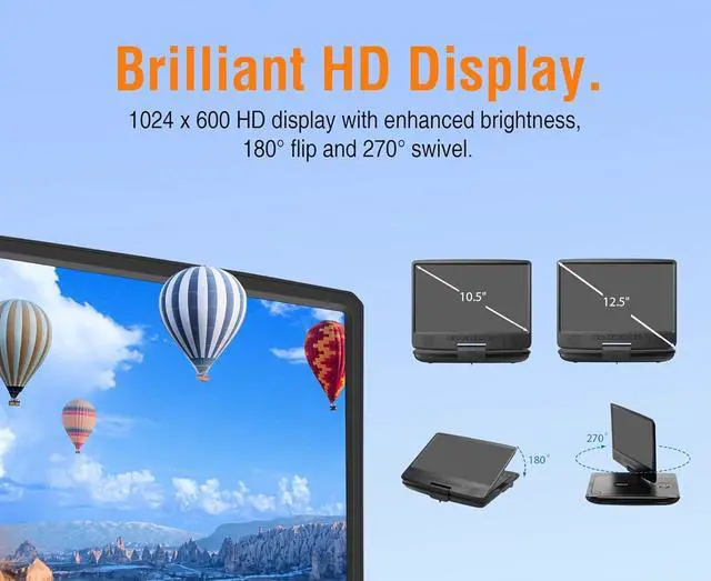 Alt view image 4 of 7 - Portable DVD Player with Headphones, Extended 6-Hour Battery, 10.5" HD Swivel Screen, Supports CD/DVD/USB/SD Card, Car Headrest Mount, Car Charger, AC Power Adapter, Remote Control