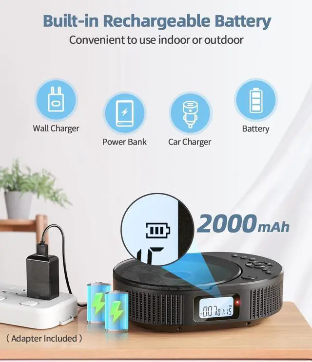 Alt view image 3 of 7 - CD Player Portable, FELEMAN Upgraded 2 in 1 Portable CD Player & Bluetooth Speaker, Rechargeable Boombox CD Player for Car/Home with Remote Control, FM Radio, Support AUX/USB, Headphone Jack