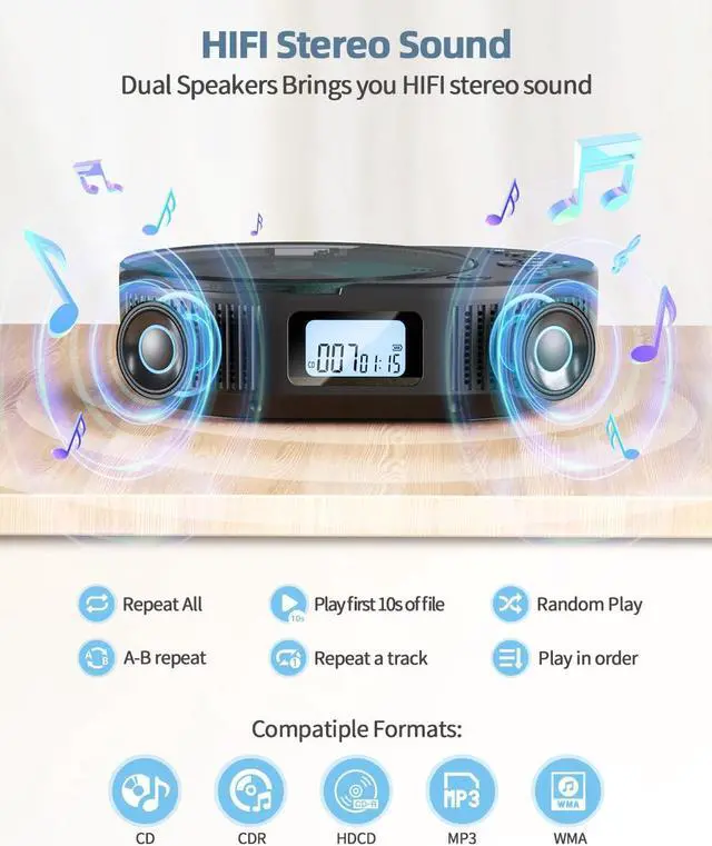 Alt view image 4 of 7 - CD Player Portable, FELEMAN Upgraded 2 in 1 Portable CD Player & Bluetooth Speaker, Rechargeable Boombox CD Player for Car/Home with Remote Control, FM Radio, Support AUX/USB, Headphone Jack