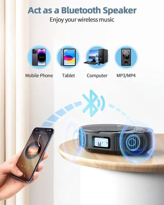 Alt view image 5 of 7 - CD Player Portable, FELEMAN Upgraded 2 in 1 Portable CD Player & Bluetooth Speaker, Rechargeable Boombox CD Player for Car/Home with Remote Control, FM Radio, Support AUX/USB, Headphone Jack