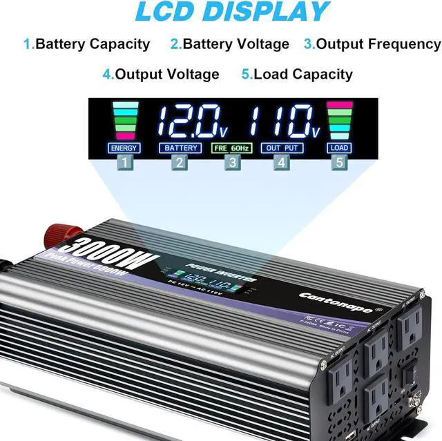 Alt view image 2 of 7 - 3000W Power Inverter 12V to 110V/120V DC to AC with LCD Display, Remote Controller and 4 x AC Outlets Car Adapter for Car Truck Boat RV Off Grid Solar System