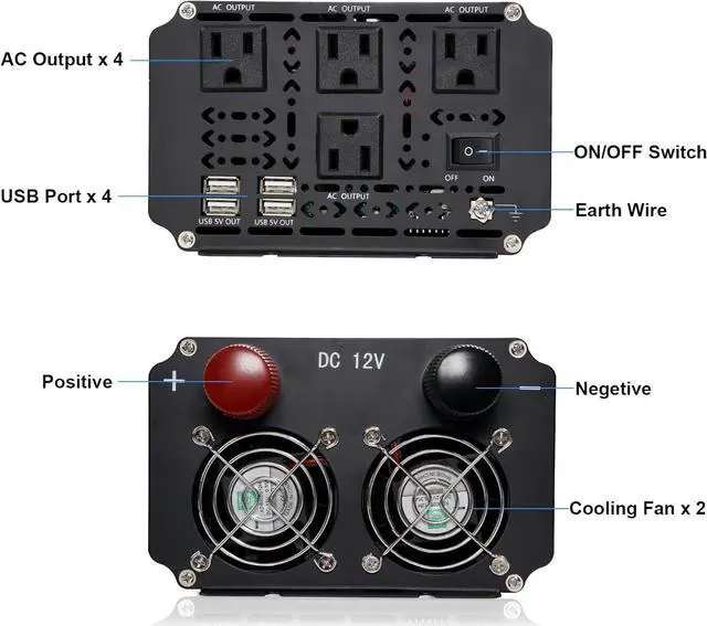 Alt view image 3 of 7 - 3000W Power Inverter 12V to 110V/120V DC to AC with LCD Display, Remote Controller and 4 x AC Outlets Car Adapter for Car Truck Boat RV Off Grid Solar System