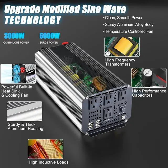 Alt view image 5 of 7 - 3000W Power Inverter 12V to 110V/120V DC to AC with LCD Display, Remote Controller and 4 x AC Outlets Car Adapter for Car Truck Boat RV Off Grid Solar System