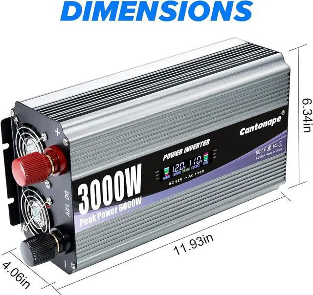 Alt view image 7 of 7 - 3000W Power Inverter 12V to 110V/120V DC to AC with LCD Display, Remote Controller and 4 x AC Outlets Car Adapter for Car Truck Boat RV Off Grid Solar System