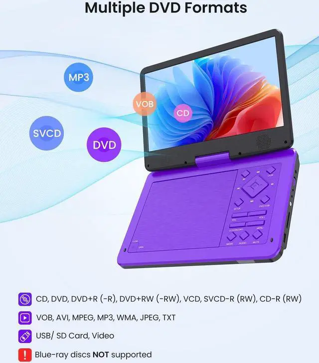 Alt view image 2 of 7 - Portable DVD Player with10.1 HD IPS Screen for Kids, Car DVD Player with Headrest Mount, 360° RF Remote Control 2 Earphone Jacks 5h Battery Support CD/DVD/SD Card/USB, Region Free (Purple)