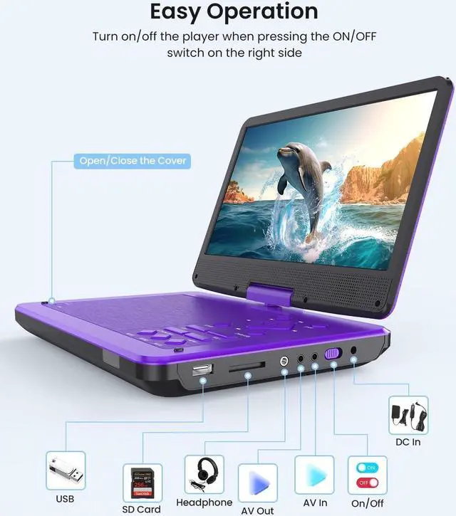 Alt view image 5 of 7 - Portable DVD Player with10.1 HD IPS Screen for Kids, Car DVD Player with Headrest Mount, 360° RF Remote Control 2 Earphone Jacks 5h Battery Support CD/DVD/SD Card/USB, Region Free (Purple)