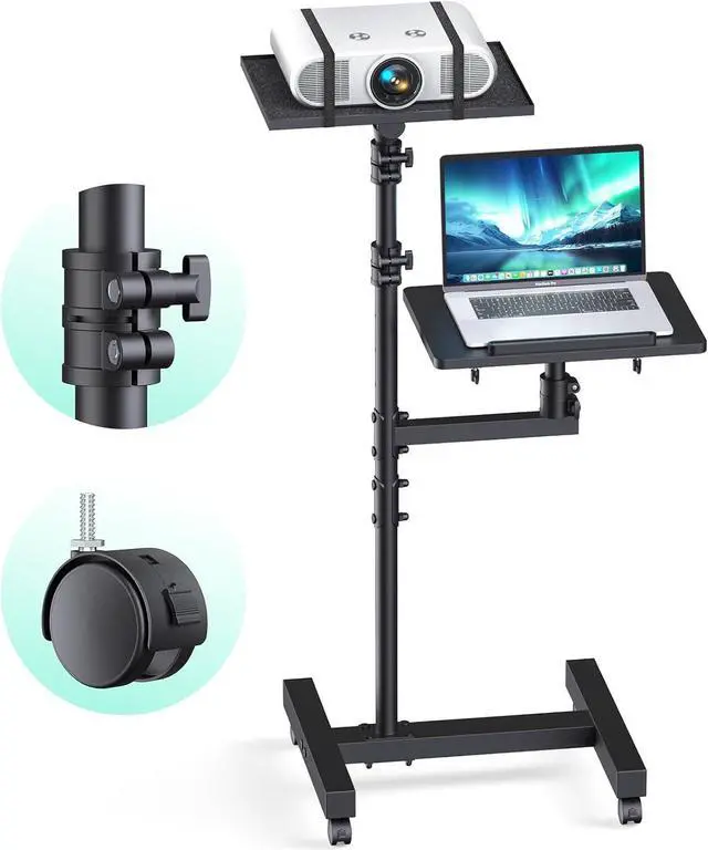 Main image of Projector Stand Tripod: 2 Shelves Mobile Laptop Cart Adjustable Height 45 to 64 Inches, Rolling Laptop Stand Cart with Ventilated Tray, Projector Tripod Stand on Wheels for Couch, Bedside, Meeting