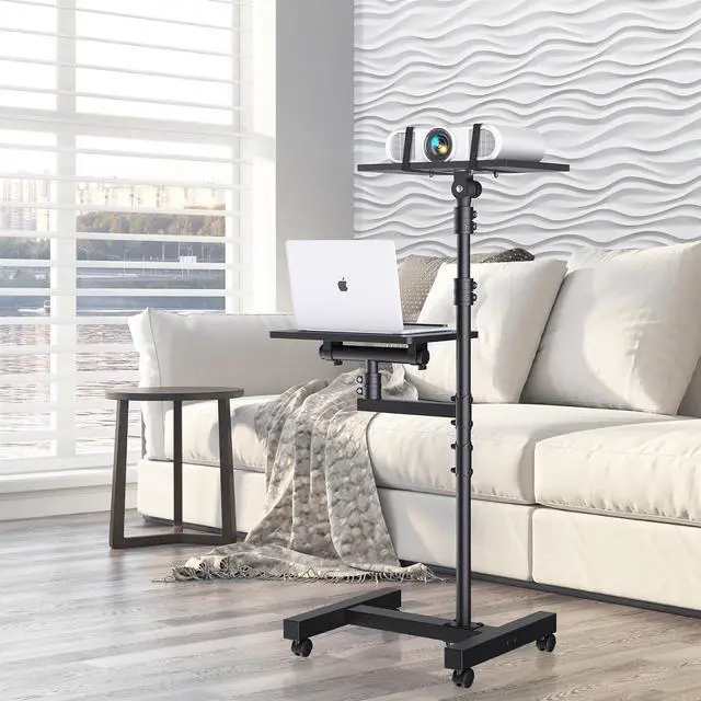 Alt view image 2 of 7 - Projector Stand Tripod: 2 Shelves Mobile Laptop Cart Adjustable Height 45 to 64 Inches, Rolling Laptop Stand Cart with Ventilated Tray, Projector Tripod Stand on Wheels for Couch, Bedside, Meeting