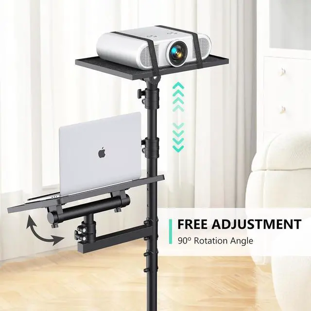 Alt view image 3 of 7 - Projector Stand Tripod: 2 Shelves Mobile Laptop Cart Adjustable Height 45 to 64 Inches, Rolling Laptop Stand Cart with Ventilated Tray, Projector Tripod Stand on Wheels for Couch, Bedside, Meeting