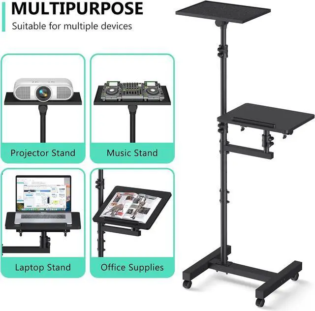 Alt view image 4 of 7 - Projector Stand Tripod: 2 Shelves Mobile Laptop Cart Adjustable Height 45 to 64 Inches, Rolling Laptop Stand Cart with Ventilated Tray, Projector Tripod Stand on Wheels for Couch, Bedside, Meeting