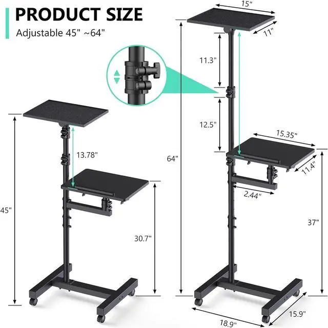Alt view image 5 of 7 - Projector Stand Tripod: 2 Shelves Mobile Laptop Cart Adjustable Height 45 to 64 Inches, Rolling Laptop Stand Cart with Ventilated Tray, Projector Tripod Stand on Wheels for Couch, Bedside, Meeting