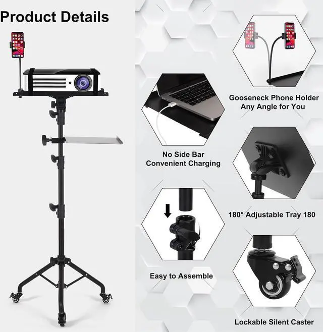 Alt view image 6 of 7 - Laptop Tripod on Wheels with 2 Shelves, Portable Projector Floor Stand Adjustable Height 25.9 to 51.8 Inch with Phone Holder